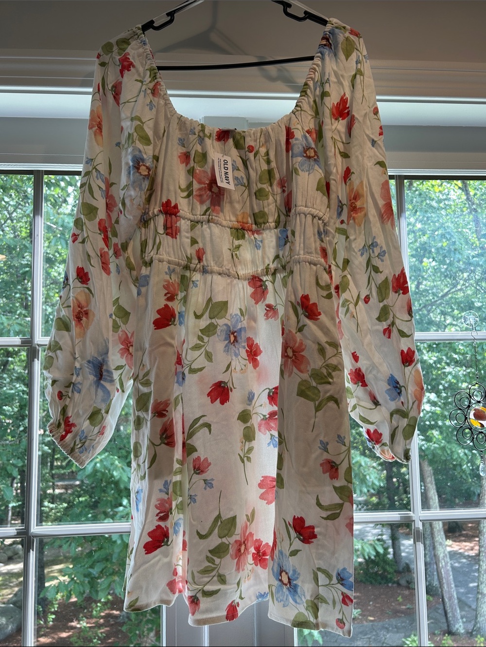 Old Navy White Dress with Red, Blue & Green Floral Print
